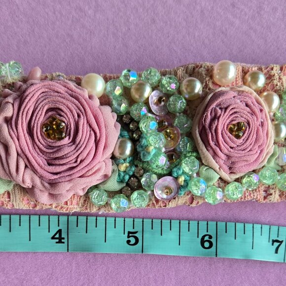 Handmade Romantic Pale Pink Rose and Embroidered Cuff Bracelet - Picture 6 of 7
